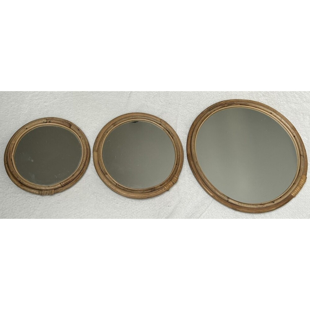 Vintage Rattan Round Wall Mirrors Set of 3 Bohemian Decor Bent Bamboo 12" 9" 8"